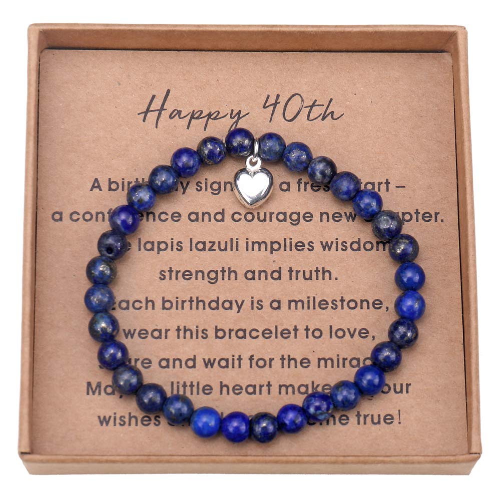 40 Birthday Gifts for Women Turning 40 - Lapis lazuli Bead Bracelet with Sterling Silver Heart Charm with Card and Gift Box