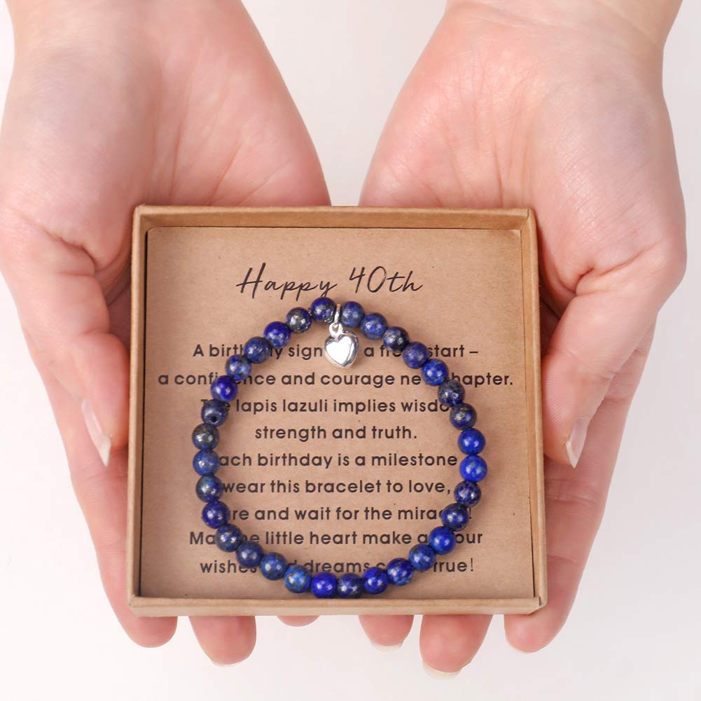 40 Birthday Gifts for Women Turning 40 - Lapis lazuli Bead Bracelet with Sterling Silver Heart Charm with Card and Gift Box