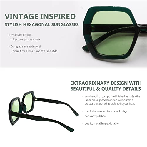 Freckles Mark Retro Oversized Hexagon Sunglasses for Women Irregular Trendy 60s Vintage Polygon Sun Glasses for Ladies (Green)