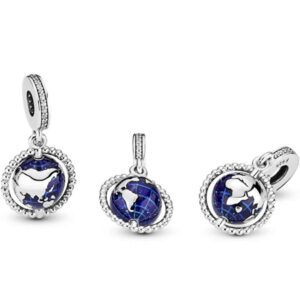 MiniJewelry Blue Spinning Globe Dangle Charm fits Pandora Moments Bracelets Women Sterling Silver Bead