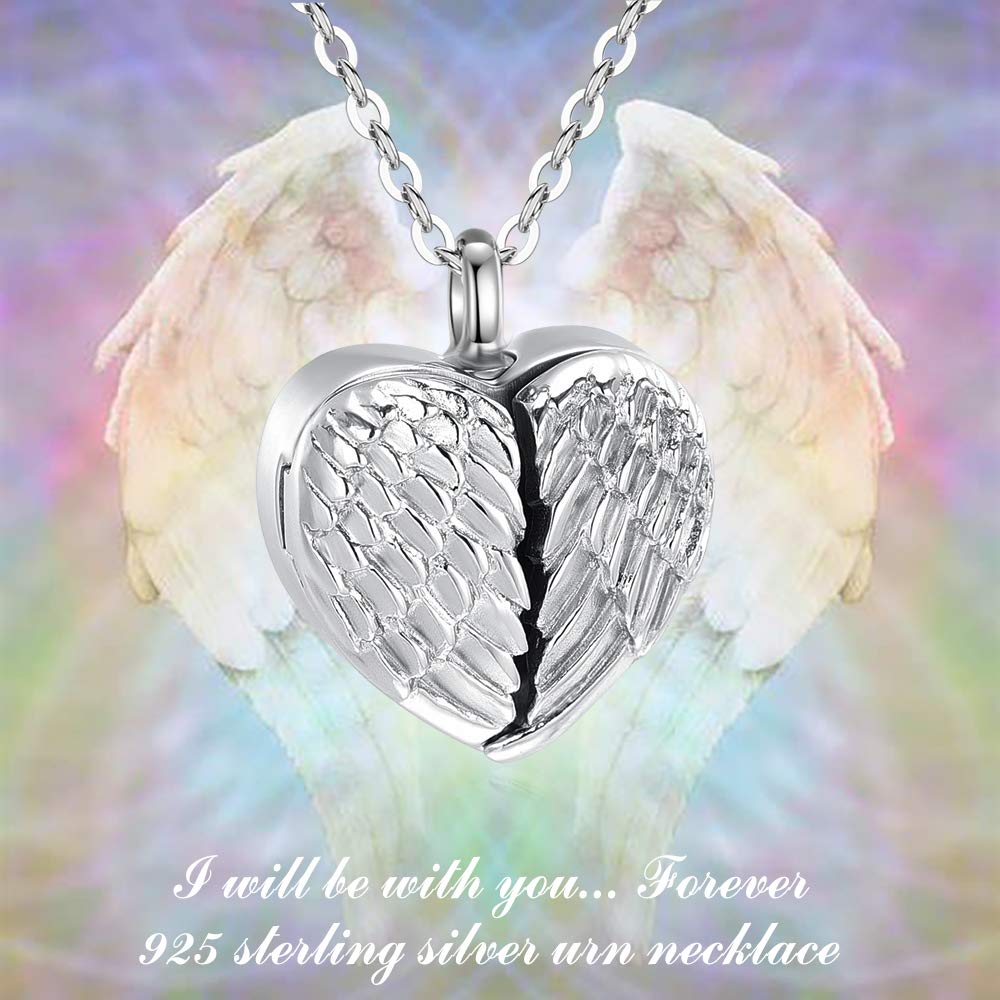 EUDORA Wings can Opened Urn Necklace Personalized Cremation Urn DIY Picture Necklace for Humen Pet Dog Cat Ashes Sterling Silver Heart Necklace Custom Pendant Jewelry for Women Man, 20" chain