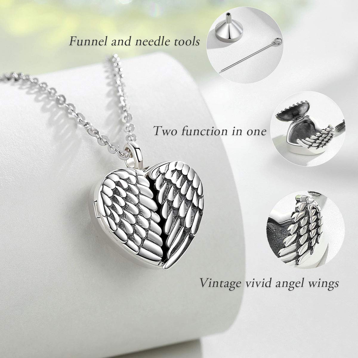 EUDORA Wings can Opened Urn Necklace Personalized Cremation Urn DIY Picture Necklace for Humen Pet Dog Cat Ashes Sterling Silver Heart Necklace Custom Pendant Jewelry for Women Man, 20" chain