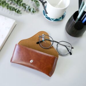 LogHog Portable Leather Glasses Case,Mother's Day Gifts Durable Soft Sunglasses Pouch Slim Case for Women Men Horizontal Eyeglass Case （Button - Brown）