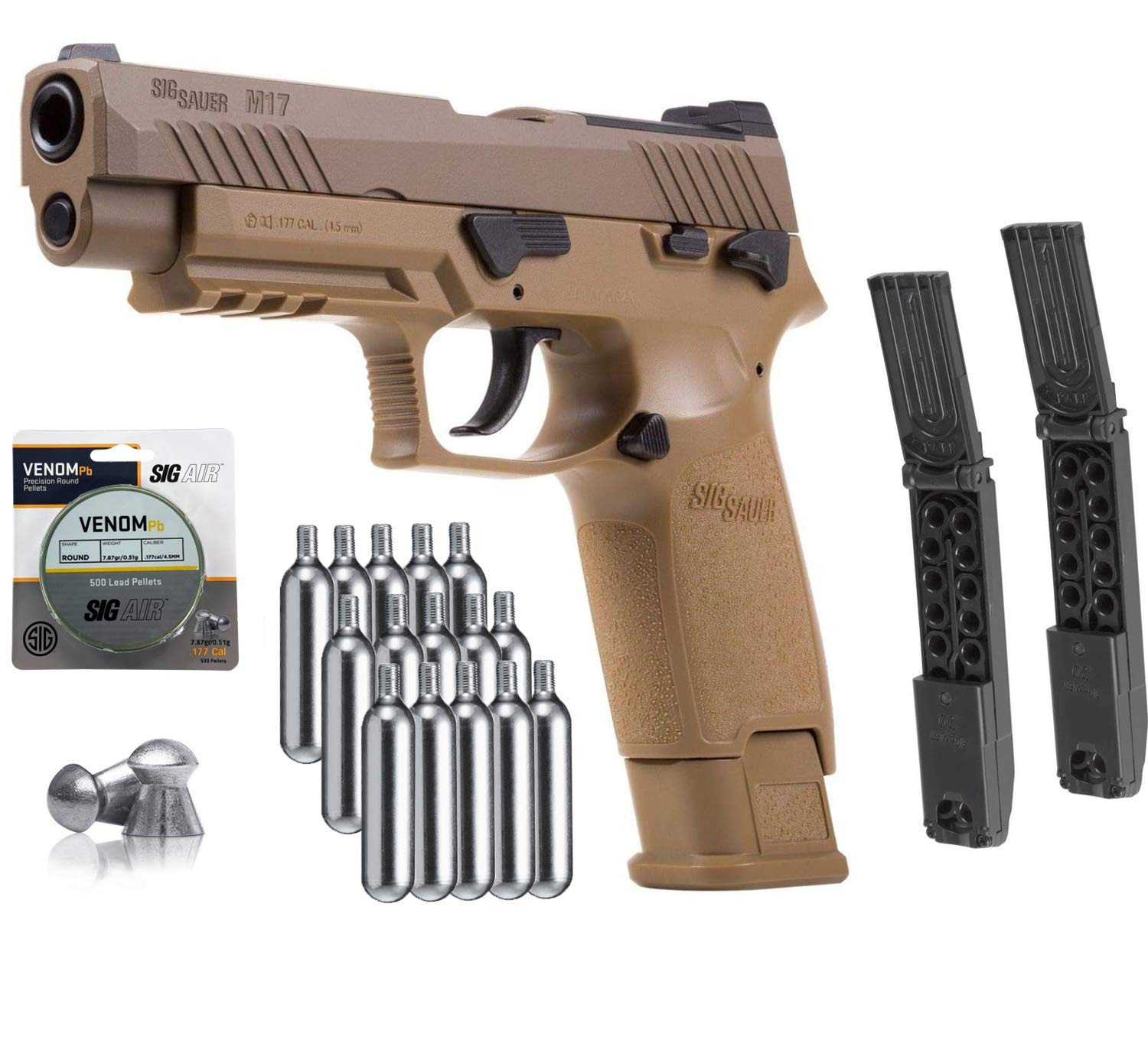 M17 Sig Sauer ASP Airgun Air Pistol .177 Cal Coyote TAN with 15 C02 Tanks and 2 Rotary Belts and 500 Lead Pellets Bundle 2 Rotary Belts+ Accessories