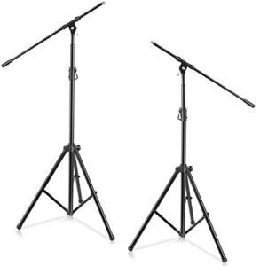 pyle adjustable tripod microphone boom stand - pair of universal heavy duty lightweight professional compact stage studio floor standing boom mic tripod holder w/ standard 5/8" mic adapter pmks56x2