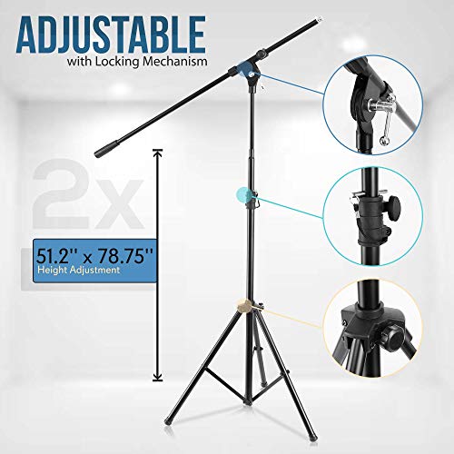 Pyle Adjustable Tripod Microphone Boom Stand - Pair of Universal Heavy Duty Lightweight Professional Compact Stage Studio Floor Standing Boom Mic Tripod Holder w/ Standard 5/8" Mic Adapter PMKS56X2