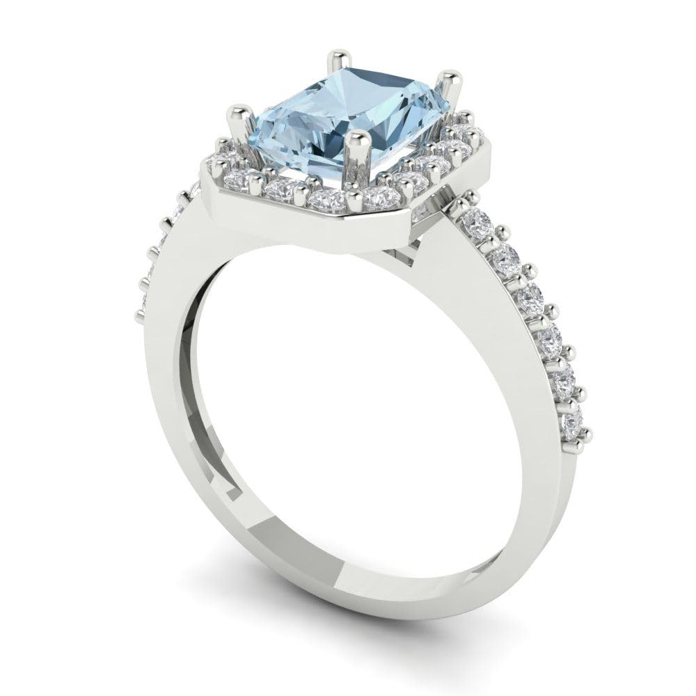 Clara Pucci 2.04ct Emerald Cut Solitaire with Accent Halo Natural Sky Blue Topaz gemstone designer Modern Statement Ring 14k White Gold