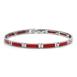 silvershake rectangular shape created red coral inlay 925 sterling silver 8 inch link bracelet