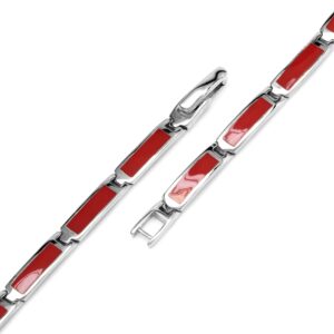 Silvershake Rectangular Shape Created Red Coral Inlay 925 Sterling Silver 8 Inch Link Bracelet