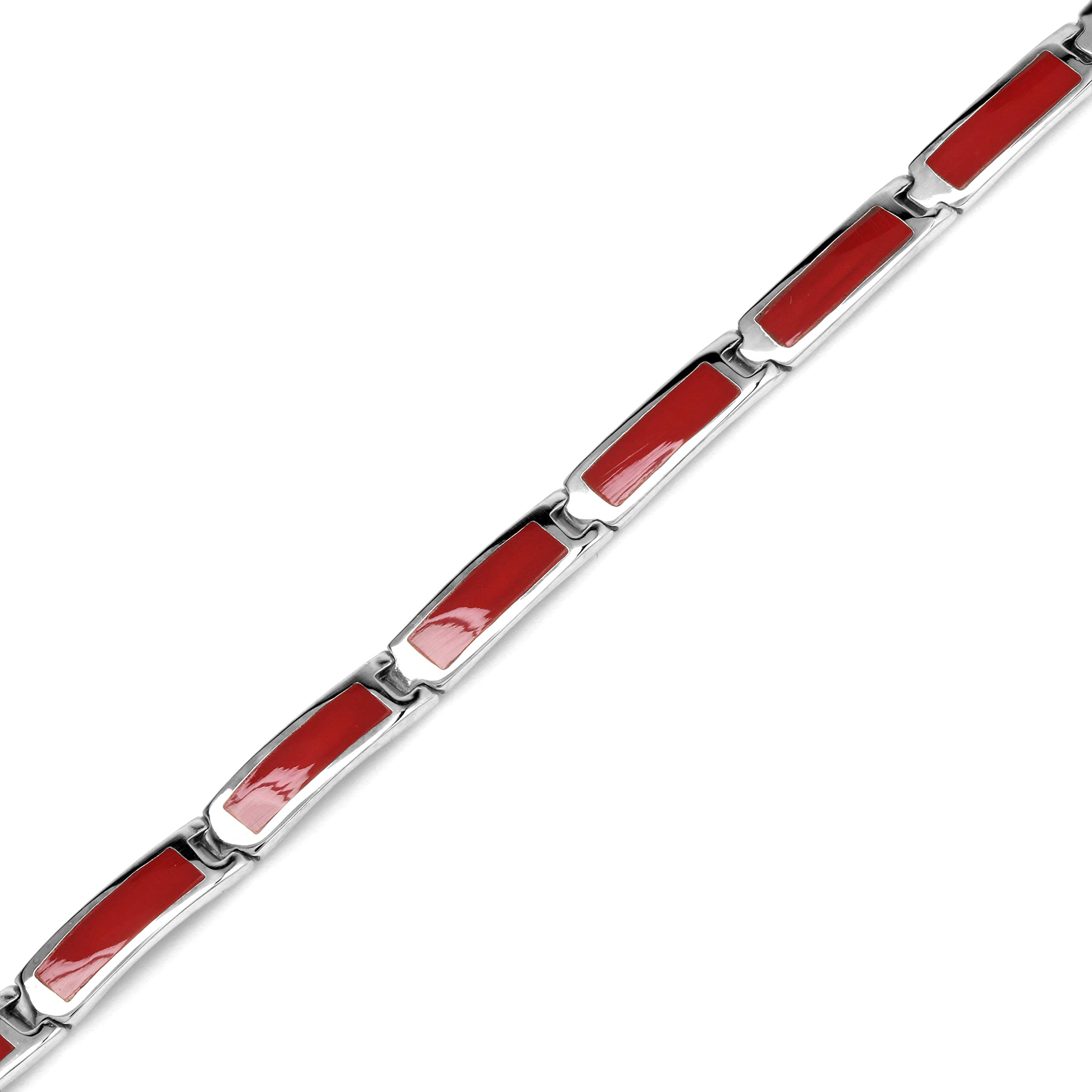 Silvershake Rectangular Shape Created Red Coral Inlay 925 Sterling Silver 8 Inch Link Bracelet