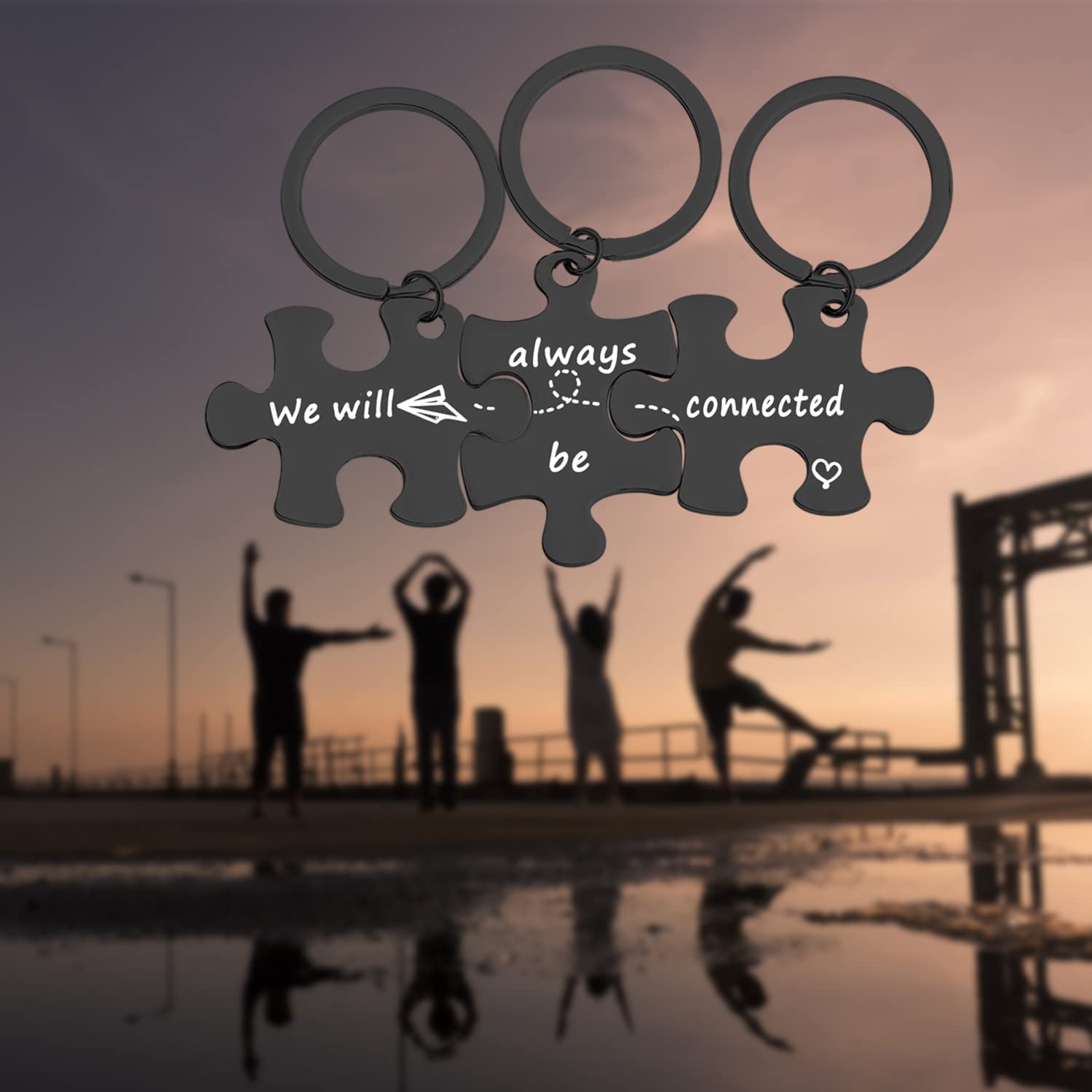 MYOSPARK We Will Always Be Connected Puzzle Keychain Set Of 3 Long Distance Relationship Gift For Best Friends Family (3PCS Connected Keychain black)