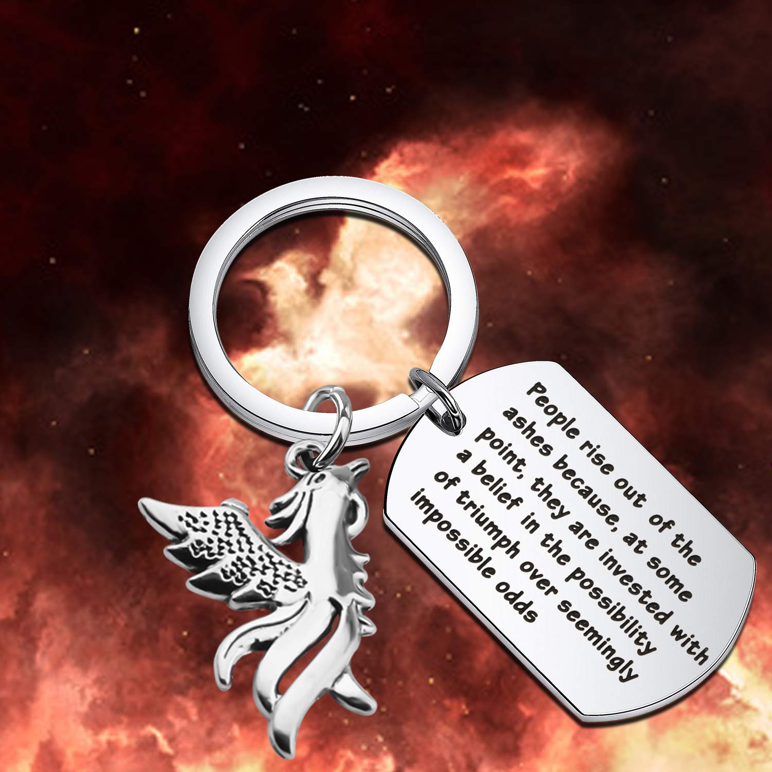 FEELMEM Inspirational Phoenix Keychain Phoenix Rising Rebirth Jewelry People Rise Out of The Ashes Fire Bird Jewelry for Break Up Gift Divorce Gift Cancer Survivor Recovery Gift (Phoenix Keychain)