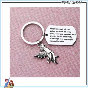 FEELMEM Inspirational Phoenix Keychain Phoenix Rising Rebirth Jewelry People Rise Out of The Ashes Fire Bird Jewelry for Break Up Gift Divorce Gift Cancer Survivor Recovery Gift (Phoenix Keychain)