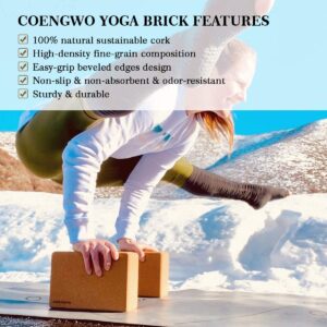 Yoga Blocks Cork, COENGWO Cork Yoga Brick, 100% Eco Friendly Yoga Cork Blocks, Supportive Balance Deepen Poses for Yoga Beginners, Stretch, Pilates, Meditation, 9x6x3 Inches, 2 Pack