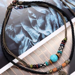 Hicarer Leather Necklace Bead Choker Adjustable Vintage Turquoise Necklace Handmade Woven Beaded Bracelet with 4 Pairs Bohemian Vintage Dangle Earrings Jewelry for Women