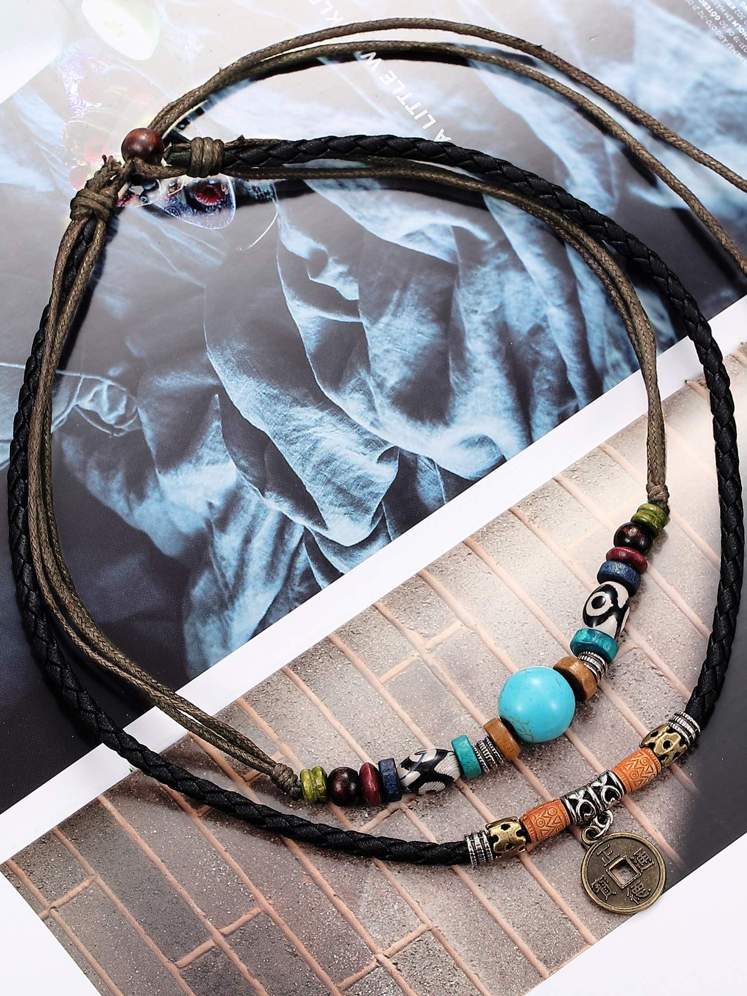 Hicarer Leather Necklace Bead Choker Adjustable Vintage Turquoise Necklace Handmade Woven Beaded Bracelet with 4 Pairs Bohemian Vintage Dangle Earrings Jewelry for Women