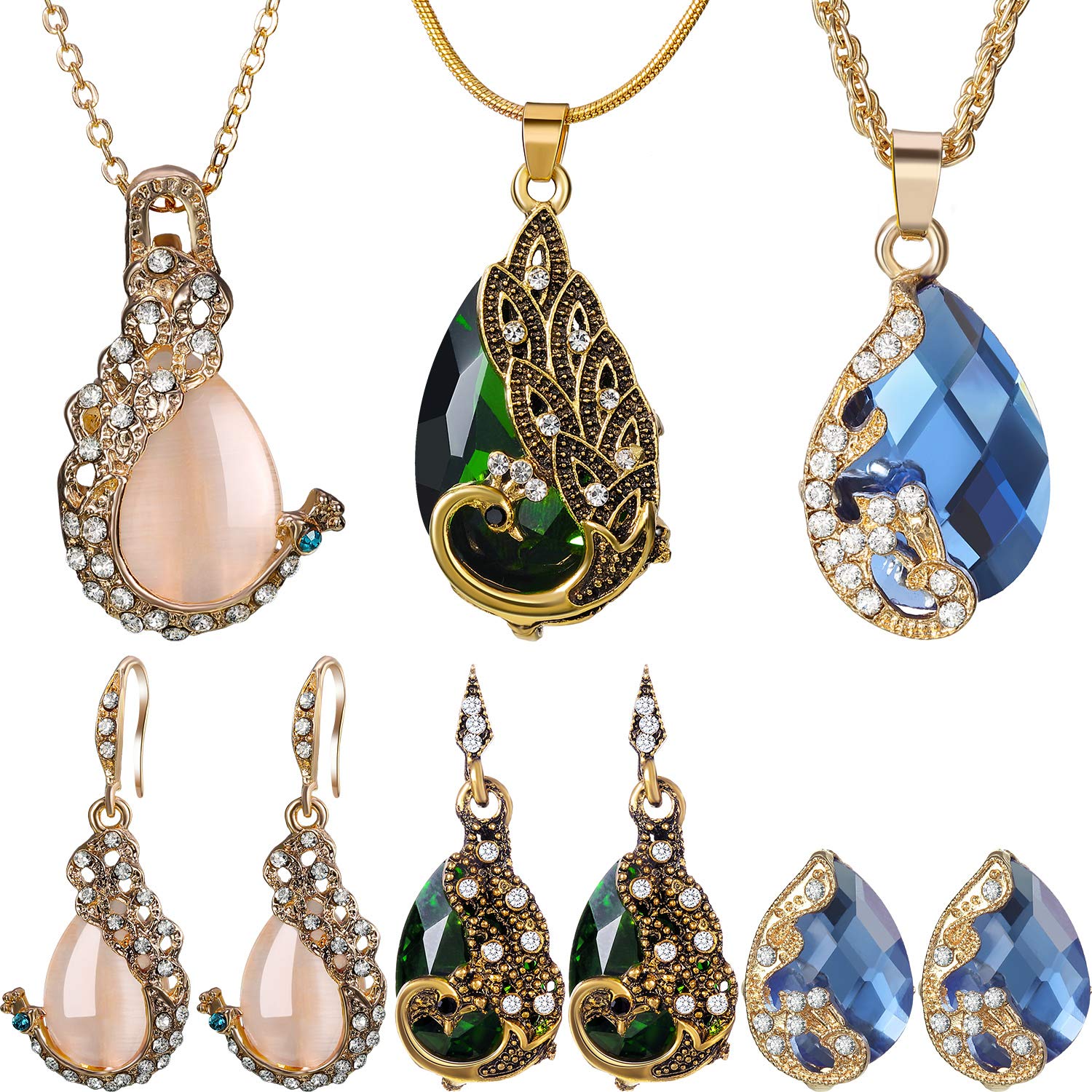 Hicarer 6 Pieces Jewelry Sets for Women Elegant Necklace Set Peacock Waterdrop Rhinestone Pendant Necklace Crystal Peacock Pattern Necklace Earrings Jewelry Set