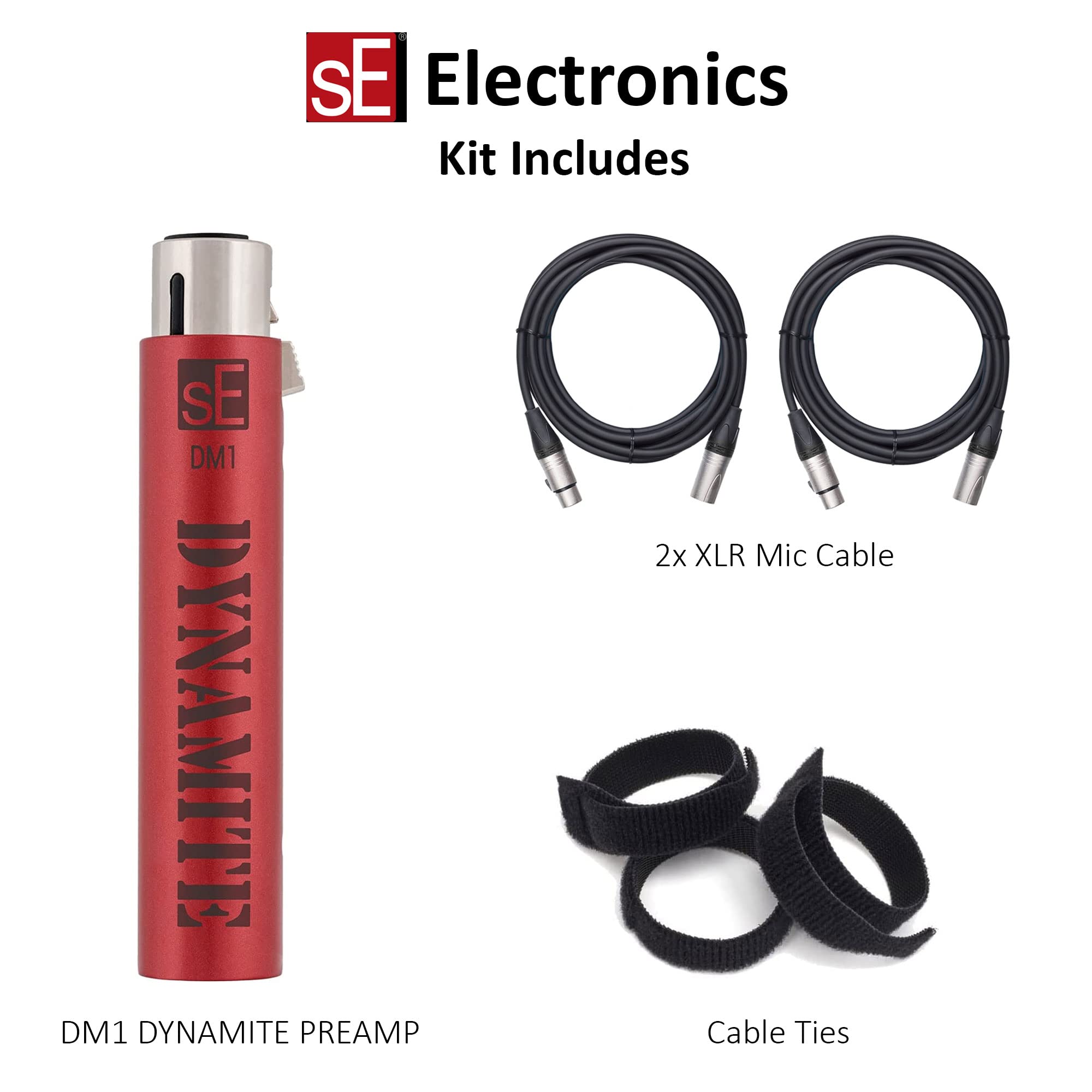 sE Electronics DM1 Dynamite Active In-line Microphone Preamp with 28dB Gain Bundle with 2 20-FT XLR Microphone Cables and 7-Pack Cable Ties