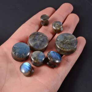 CHUANCI Pair Labradorite Stone Ear Flesh Tunnel Plugs Double Flared Plug Glow Stone Ear Gauges Expander (One Pair,9/16''(14mm))