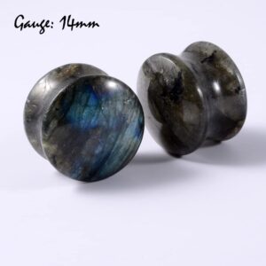 CHUANCI Pair Labradorite Stone Ear Flesh Tunnel Plugs Double Flared Plug Glow Stone Ear Gauges Expander (One Pair,9/16''(14mm))