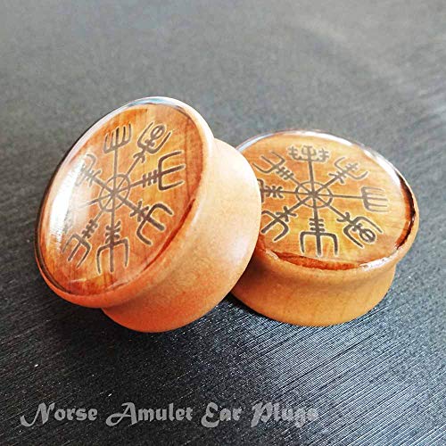 FLYUN Wood Ear Gauges Viking Plugs Women Men Ear Stretcher Expander 8mm-25mm 0 00-1'' Double Flared Saddle Plugs Earrings Piercing Jewelry Norse Vegvisir Aegishjalmur (00G (10mm))