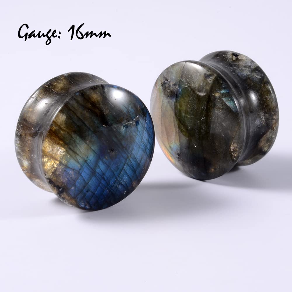 CHUANCI Pair Labradorite Stone Ear Flesh Tunnel Plugs Double Flared Plug Glow Stone Ear Gauges Expander (One Pair,5/8''(16mm))