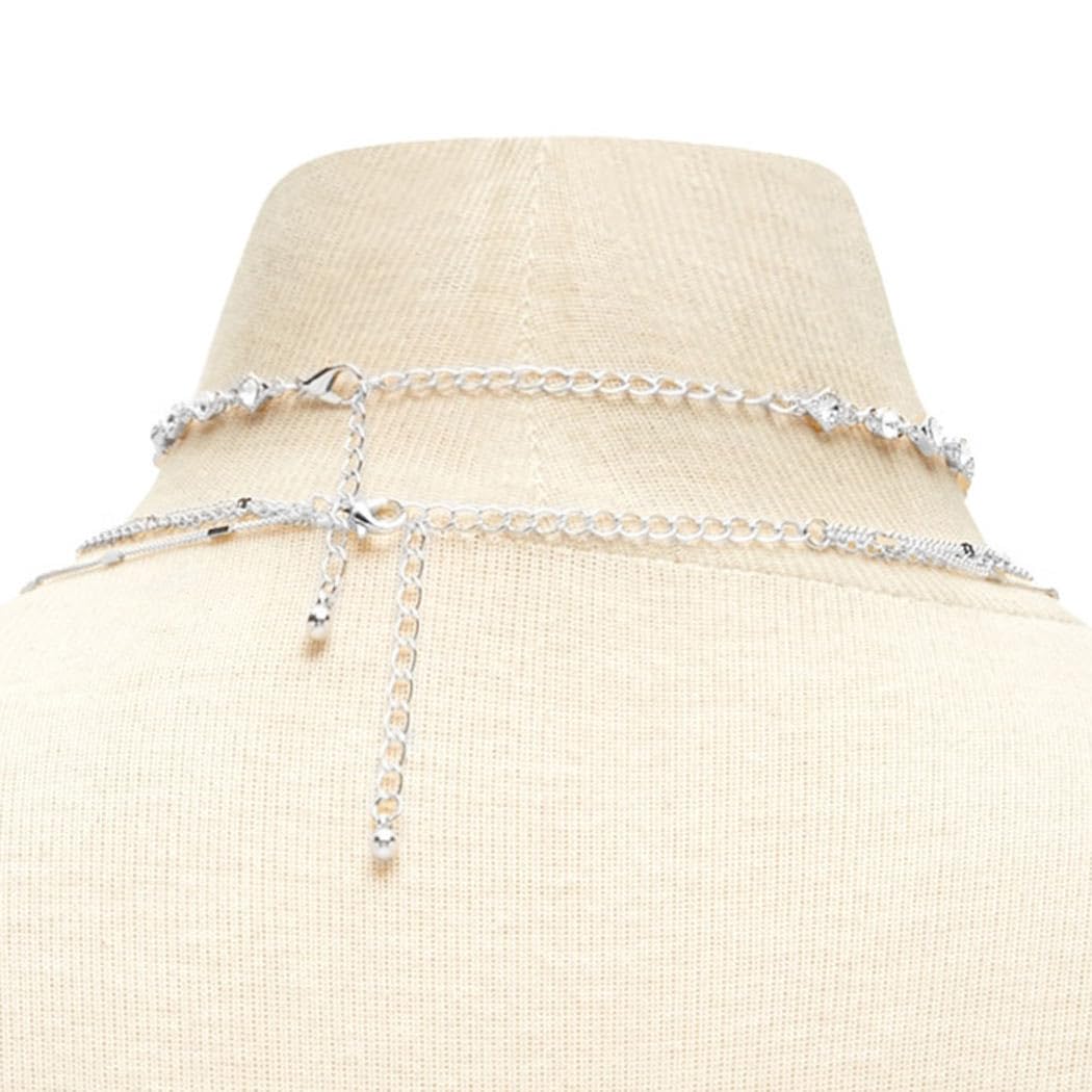 Zehope Layered Y Necklace Silver Rhinestone Necklaces Sparkly Long Elegant Necklace for Women