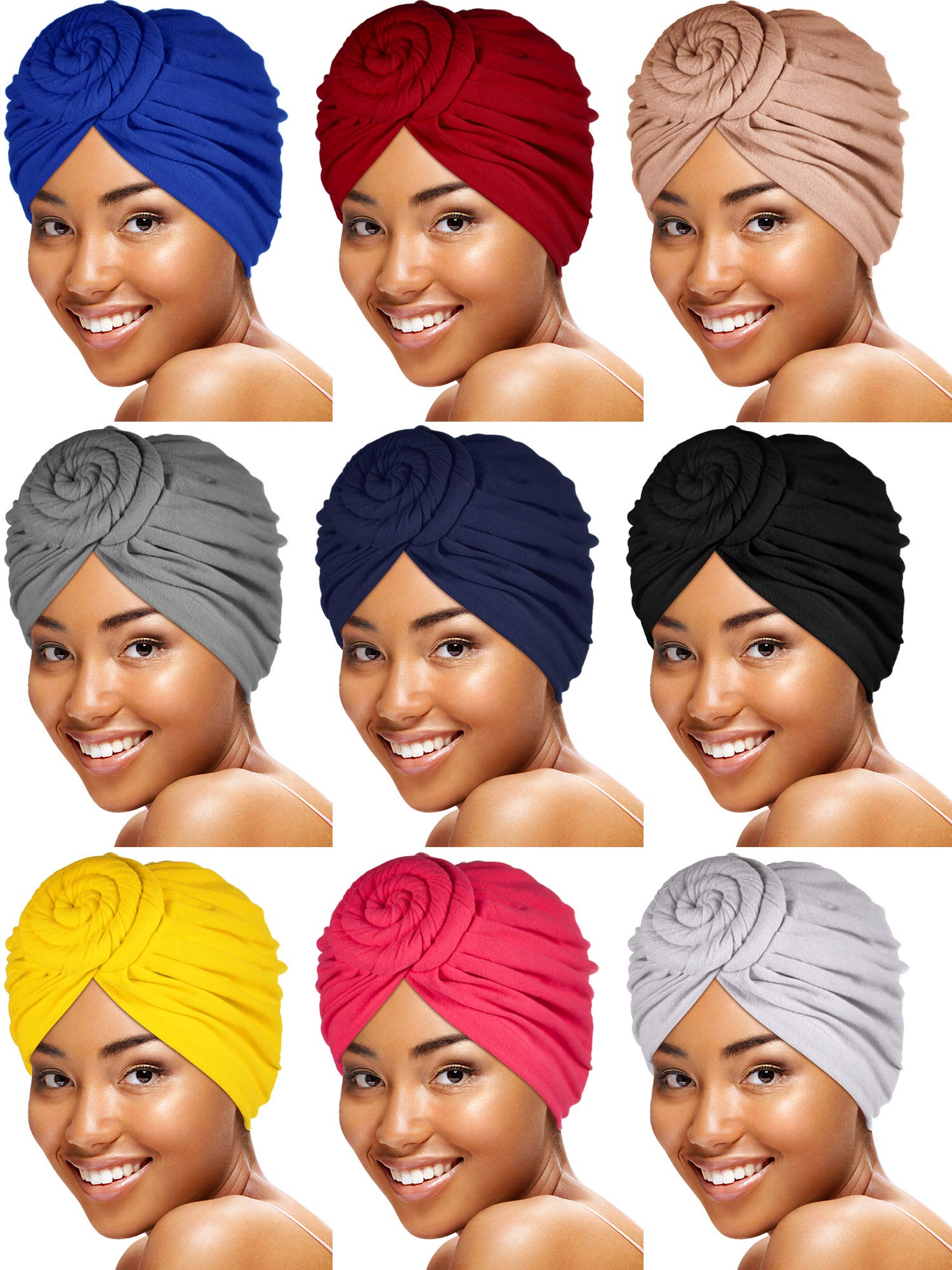 SATINIOR 9 Pieces Women Knotted Turban Hat African Turban Beanie Pre-Tied Bonnet Cap Headwrap Multicolor