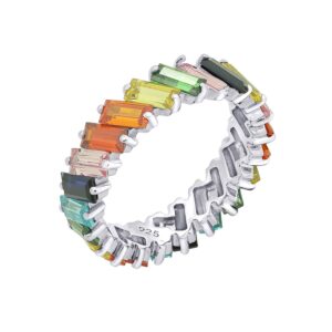 KIERA NEW YORK Platinum Clad Sterling Silver 5.28 cttw Multicolor Rainbow Baguette Cut Cubic Zirconia Eternity Ring Size 6