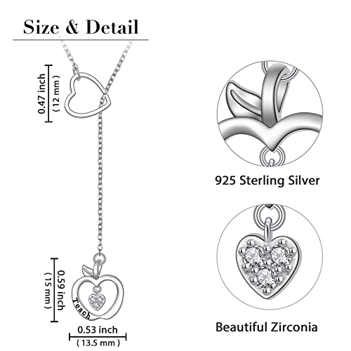 Teacher Appreciation Jewelry from Students, 925 Sterling Silver Teach Heart Apple Y Lariat Drop Long Necklace Inspirational Teacher Jewelry for Women Teachers, 24 inches