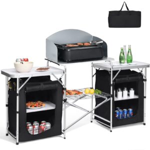 giantex camping kitchen station, folding grill table with 26'' tabletop, 2 side tables, storage organizer, detachable windscreen, portable camp cook outdoor prep station backyard bbq picnic (black)