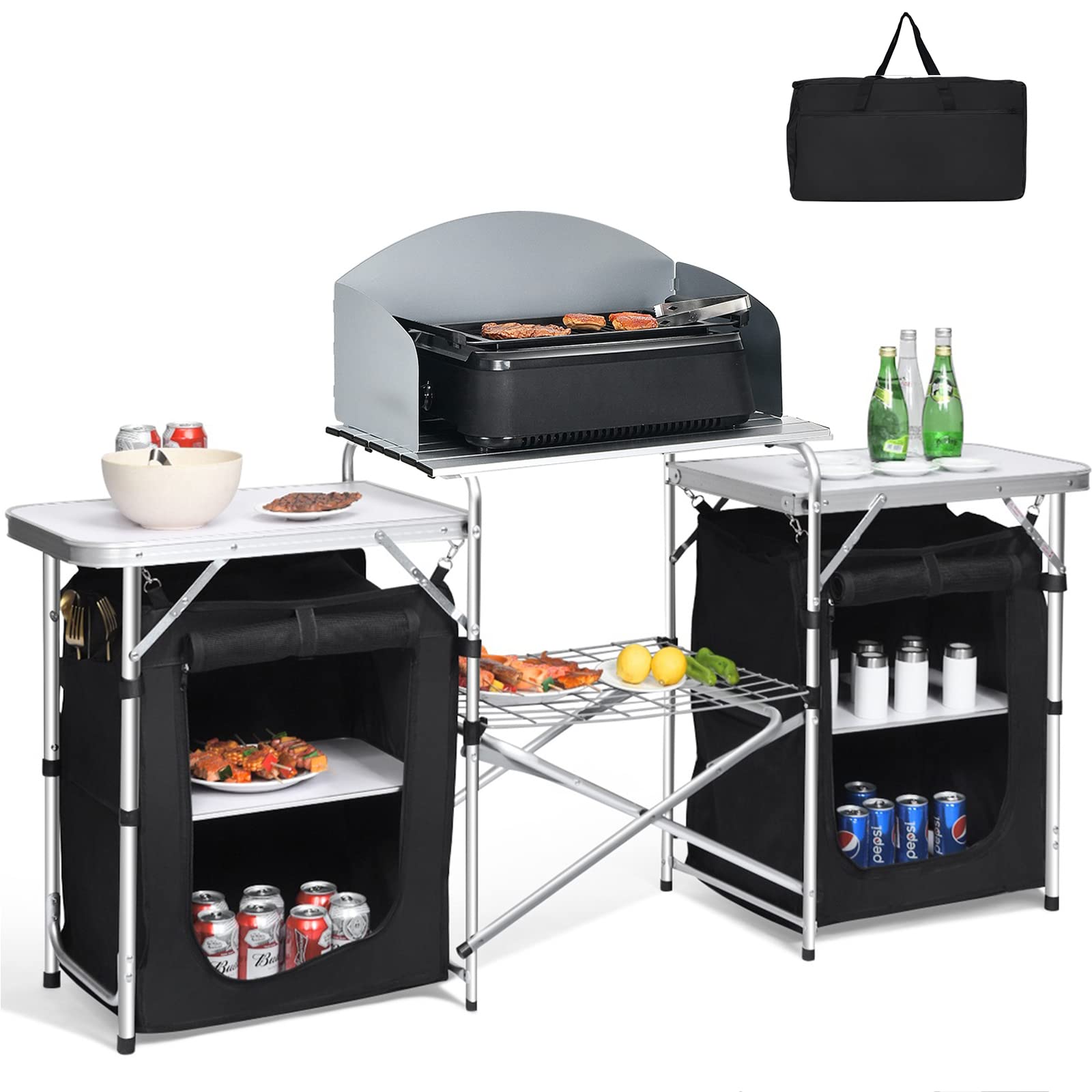 Giantex Camping Kitchen Station, Folding Grill Table with 26'' Tabletop, 2 Side Tables, Storage Organizer, Detachable Windscreen, Portable Camp Cook Outdoor Prep Station Backyard BBQ Picnic (Black)