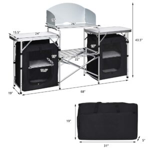 Giantex Camping Kitchen Station, Folding Grill Table with 26'' Tabletop, 2 Side Tables, Storage Organizer, Detachable Windscreen, Portable Camp Cook Outdoor Prep Station Backyard BBQ Picnic (Black)