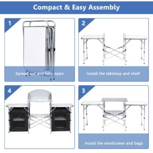 Giantex Camping Kitchen Station, Folding Grill Table with 26'' Tabletop, 2 Side Tables, Storage Organizer, Detachable Windscreen, Portable Camp Cook Outdoor Prep Station Backyard BBQ Picnic (Black)