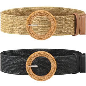 satinior 2 pieces women straw woven elastic stretch waist belt skinny dress braided waist belt with wooden style buckle (black and khaki)