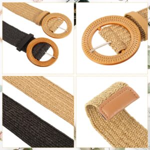 SATINIOR 2 Pieces Women Straw Woven Elastic Stretch Waist Belt Skinny Dress Braided Waist Belt with Wooden Style Buckle (Black and Khaki)