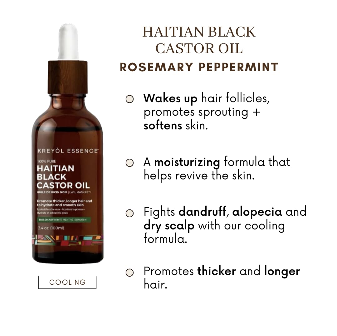 Kreyol Essence - Rosemary Peppermint Haitian Black Castor Oil for Skin and Hair, 2 Oz Glass Bottle - Rosemary Oil, Organic, hexane Free, Natural Humectant, Hair Growth.