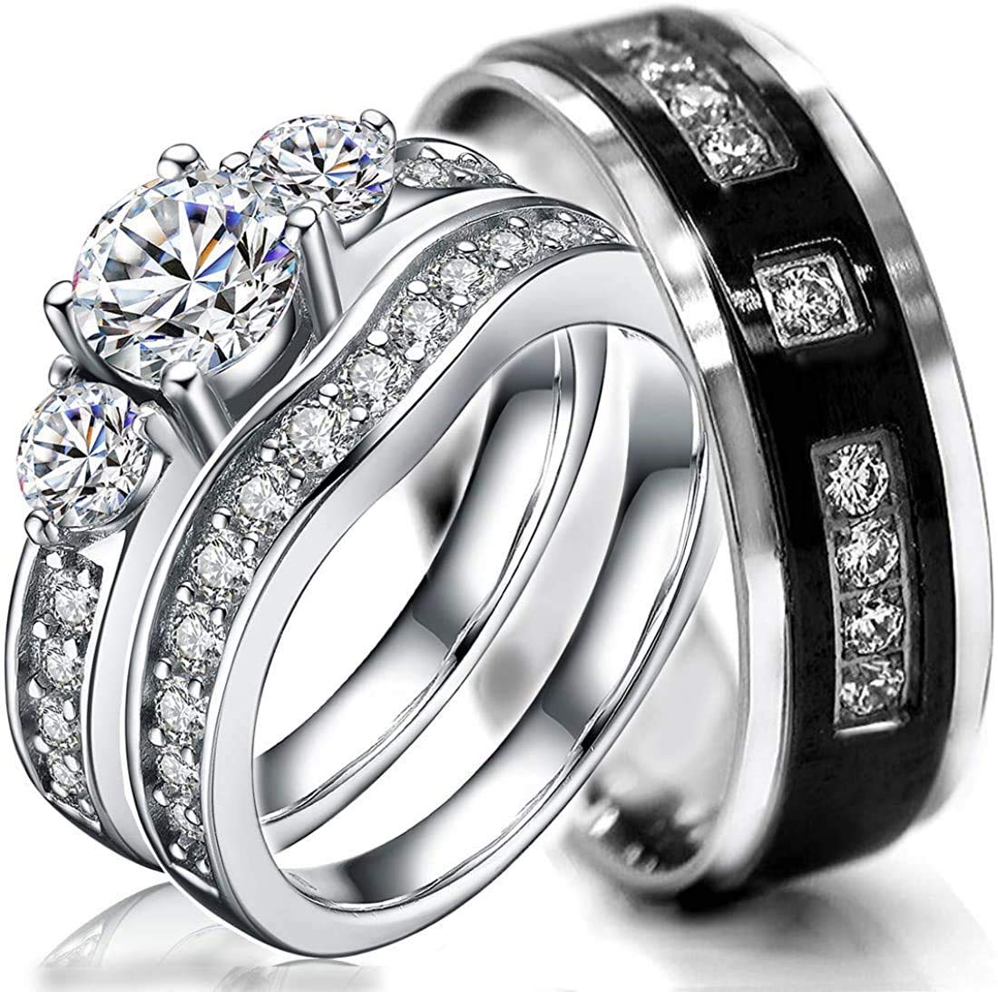 3 pcs His & Hers, STERLING SILVER & TITANIUM Wedding Rings Set. Available sizes Women's 5-10; Men's 7-13. EMAIL US SIZES THAT YOU NEED (Size His 13, Hers 07)