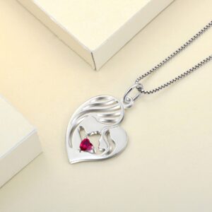 YL Mother and Daughter Necklace 925 Sterling Silver Mum Hold Child Heart Pendant Created Ruby Necklace Gifts for Moms