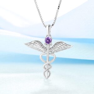 YL Caduceus Necklace 925 Sterling Silver Doctor Nurse Themed Pendant Created Amethyst/Cubic Zirconia Angel Wings Snake Jewelry for Women