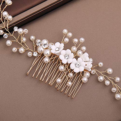 Kercisbeauty Pearl Hair Vine for Women Bridal Gold Hair Combs Rose Headband Prom Special Occasion Jewelry