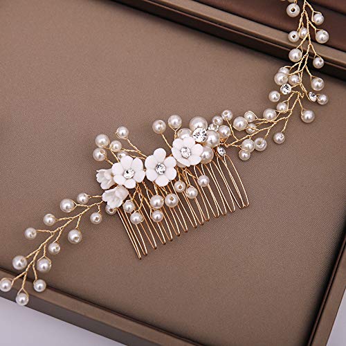 Kercisbeauty Pearl Hair Vine for Women Bridal Gold Hair Combs Rose Headband Prom Special Occasion Jewelry