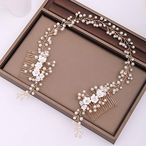 Kercisbeauty Pearl Hair Vine for Women Bridal Gold Hair Combs Rose Headband Prom Special Occasion Jewelry