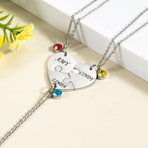 Fanery Sue Personalized Puzzle Pieces Heart Shape Necklace/Kaychain for Best Friends Family Custom Name/Date with Birthstone