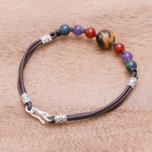 NOVICA Artisan Handmade Multigemstone Beaded Bracelet Crafted in Thailand Sterling Silver Tigers Eye [7.5 in L 3 mm W Pendant(s) 0.4 in L x 2.4 in W] ' Playful Rainbow'