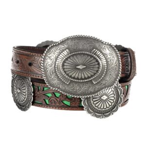 ARIAT Women's Western Belt, Turquoise with Tan Floral Embossed Strap, Silver Conchos, 1-1/4" Width, Large (38" Waist)