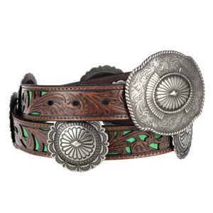 ARIAT Women's Western Belt, Turquoise with Tan Floral Embossed Strap, Silver Conchos, 1-1/4" Width, Large (38" Waist)