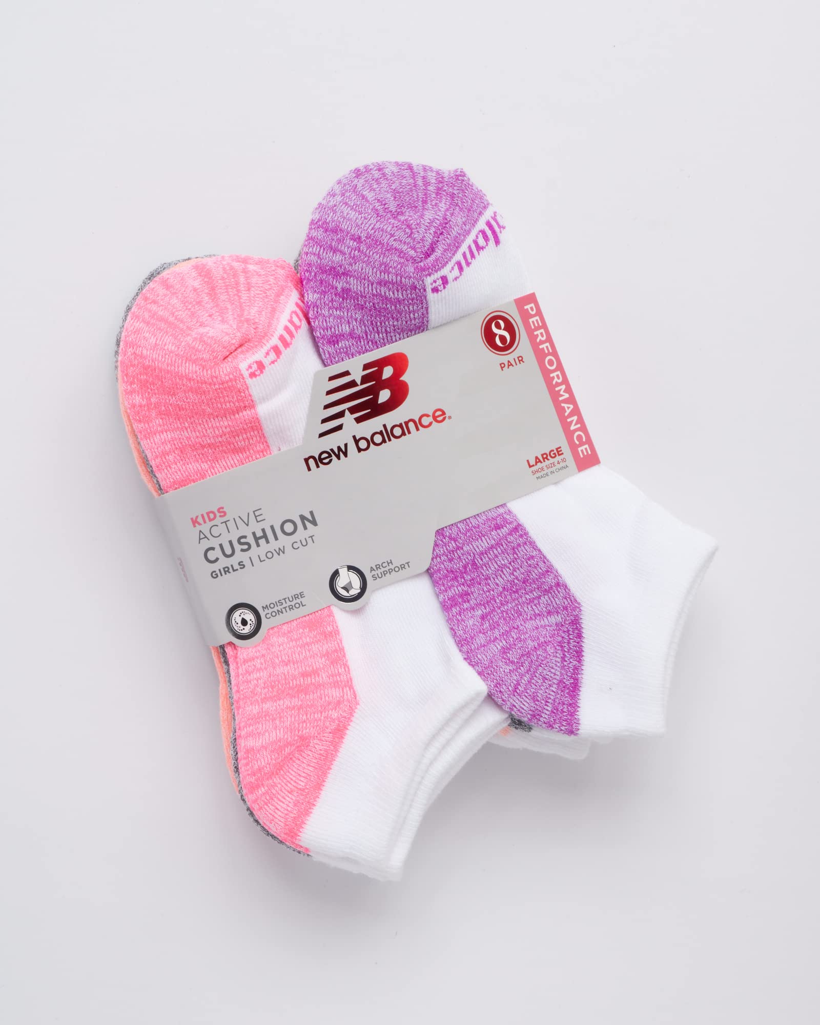 New Balance Girls' Athletic Low Cut Socks with Reinforced Heel and Toe (8 Pack), Size Medium, White Assorted