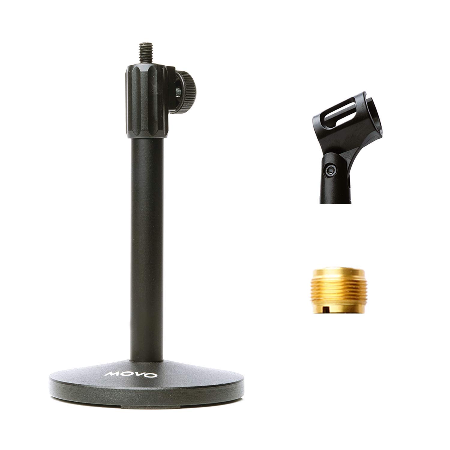 Movo TMC-3 Small Adjustable Table Mic Stand with Round Base and Universal Mic Clip. Table Top Mic Stand Height is Adjustable with Weighted Base Sits on Desk Ideal for Podcast, Livestream, & Interviews