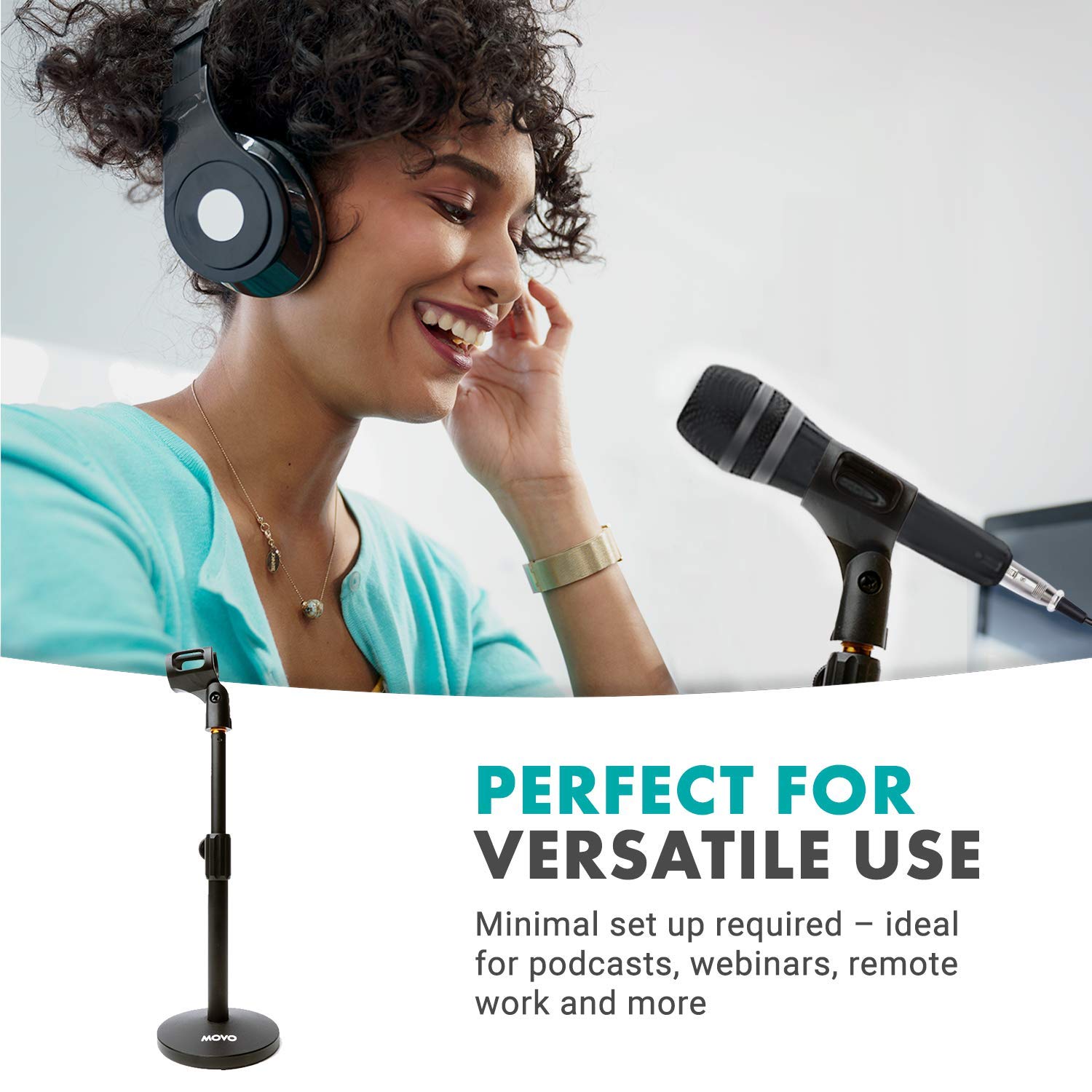 Movo TMC-3 Small Adjustable Table Mic Stand with Round Base and Universal Mic Clip. Table Top Mic Stand Height is Adjustable with Weighted Base Sits on Desk Ideal for Podcast, Livestream, & Interviews